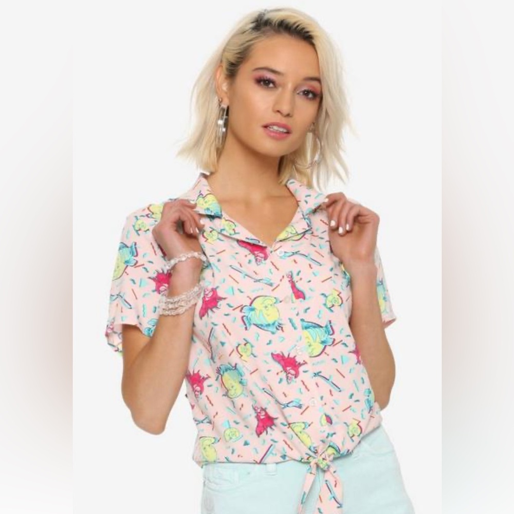 Disney Pink Tropical Print Tie-Front Button Down Shirt